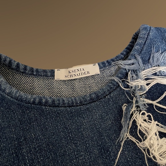 Ksenia Schnaider Denim Pull Over Top with Distressed Embellishment Size Medium - Picture 3 of 4